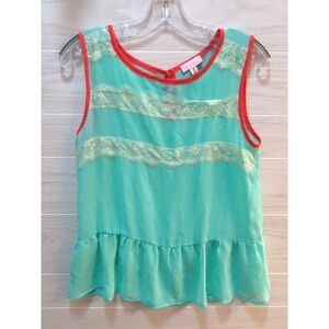 sheer green coral trim lace top sleeveless tank blouse Womens M Medium